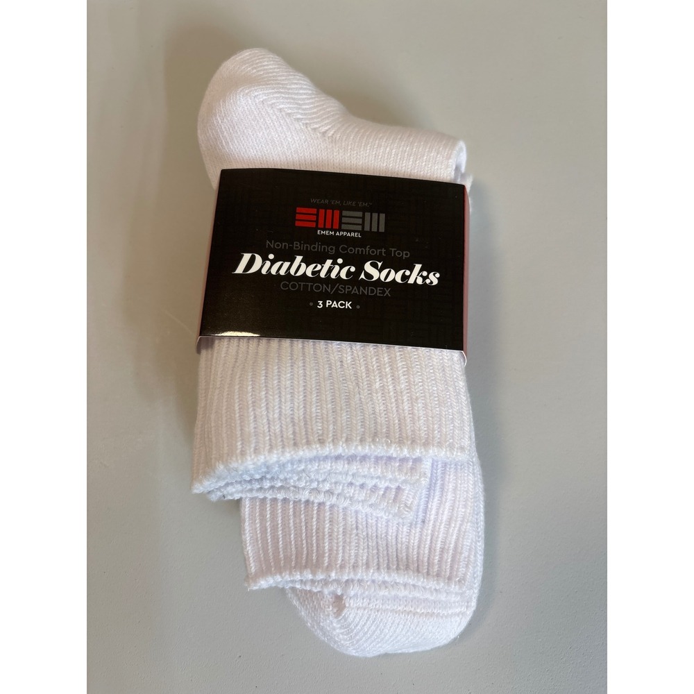 EMEM Apparel 3 Pack White Diabetic Socks Non-Binding Comfort Top Cotton Blend